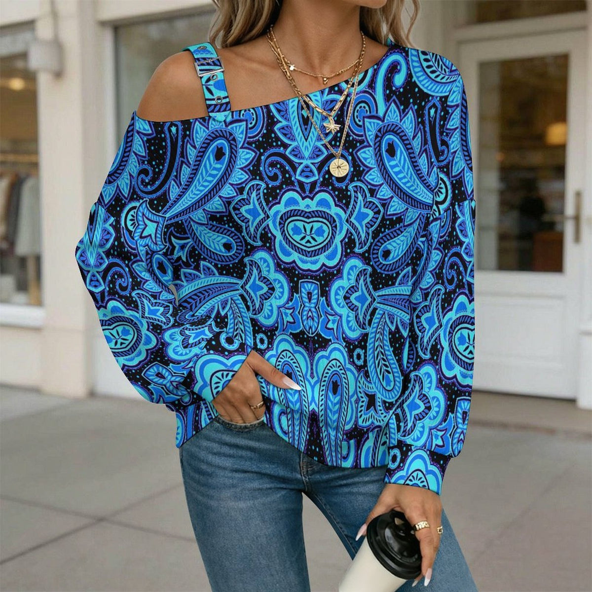 Fall Casual Asymmetric Shoulder Knit Top with Buckle Detail Paisley