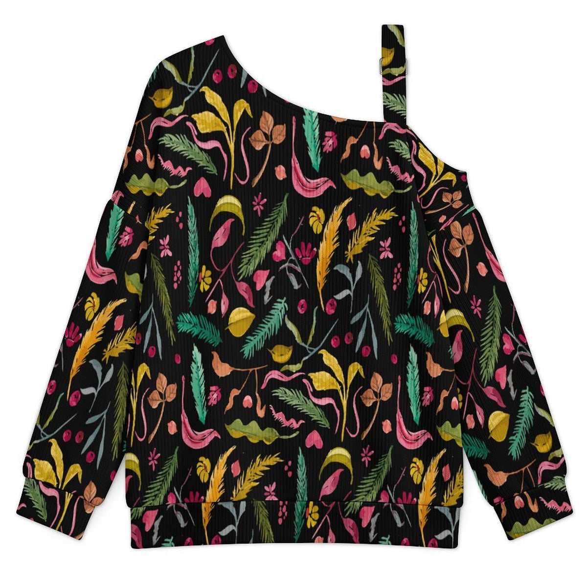 Women’s Off-Shoulder Knit Sweater Black Flower Pattern