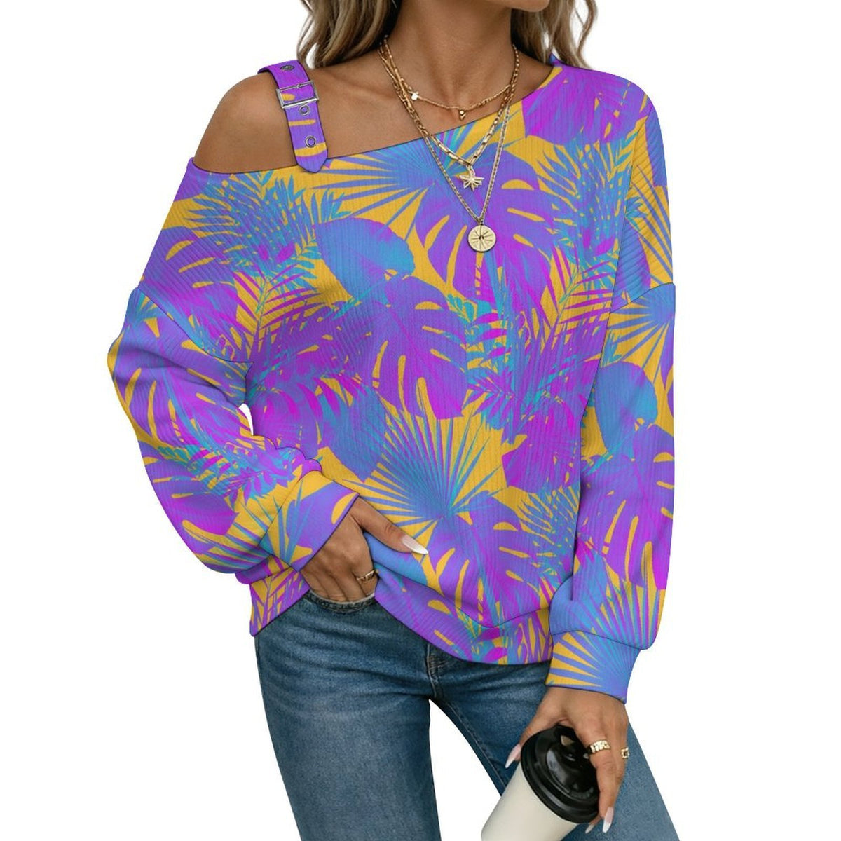 Women’s Off-Shoulder Knit Sweater Plant Summer