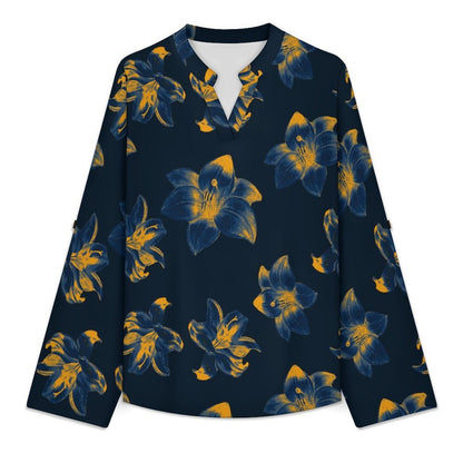 Flower Pattern  Versatile Notched V-Neck Tunic | Roll Tab 3/4 Sleeve Office Casual Top