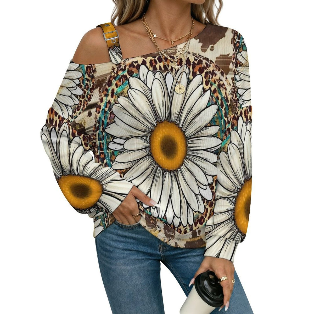 Women’s Off-Shoulder Knit Sweater Daisy Leopard Print