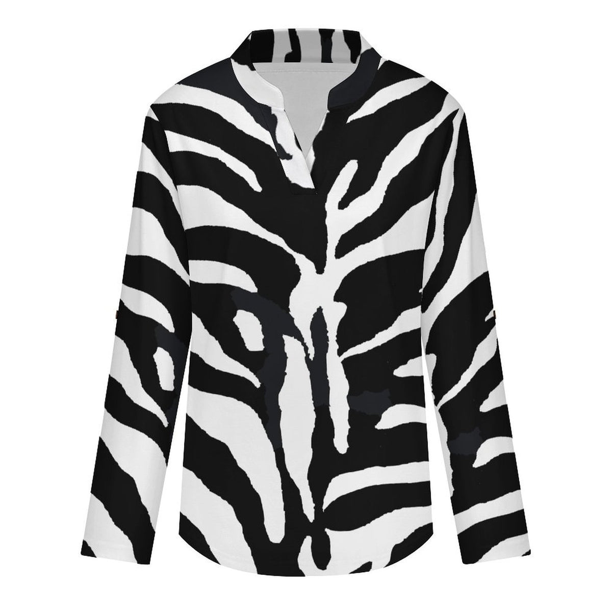 Versatile Notched V-Neck Tunic  Roll Tab 3/4 Sleeve Office Casual Top  Black And White, Zebra Print