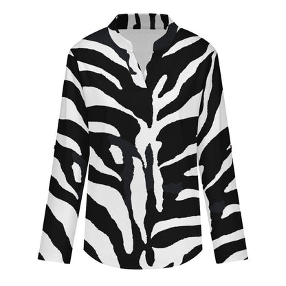 Versatile Notched V-Neck Tunic  Roll Tab 3/4 Sleeve Office Casual Top  Black And White, Zebra Print