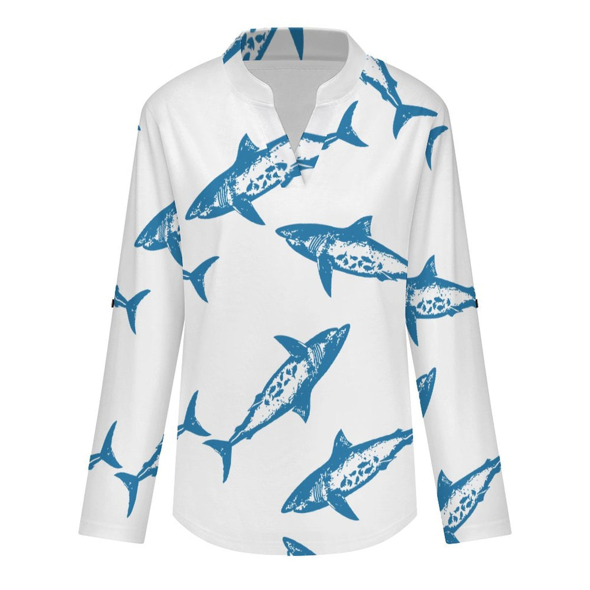 Shark Repeat Pattern  Versatile Notched V-Neck Tunic | Roll Tab 3/4 Sleeve Office Casual Top