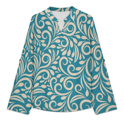 Women's Notched V Neck Tunic Tops, Roll Up 3/4 Sleeve Button Cuff Casual Blouse, Hem Loose Work Shirts Blue Totem, Background