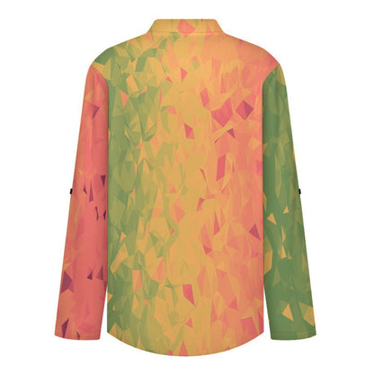 Women's Notched V Neck Tunic Tops, Roll Up 3/4 Sleeve Button Cuff Casual Blouse, Hem Loose Work Shirts  Colored Diamond Pattern