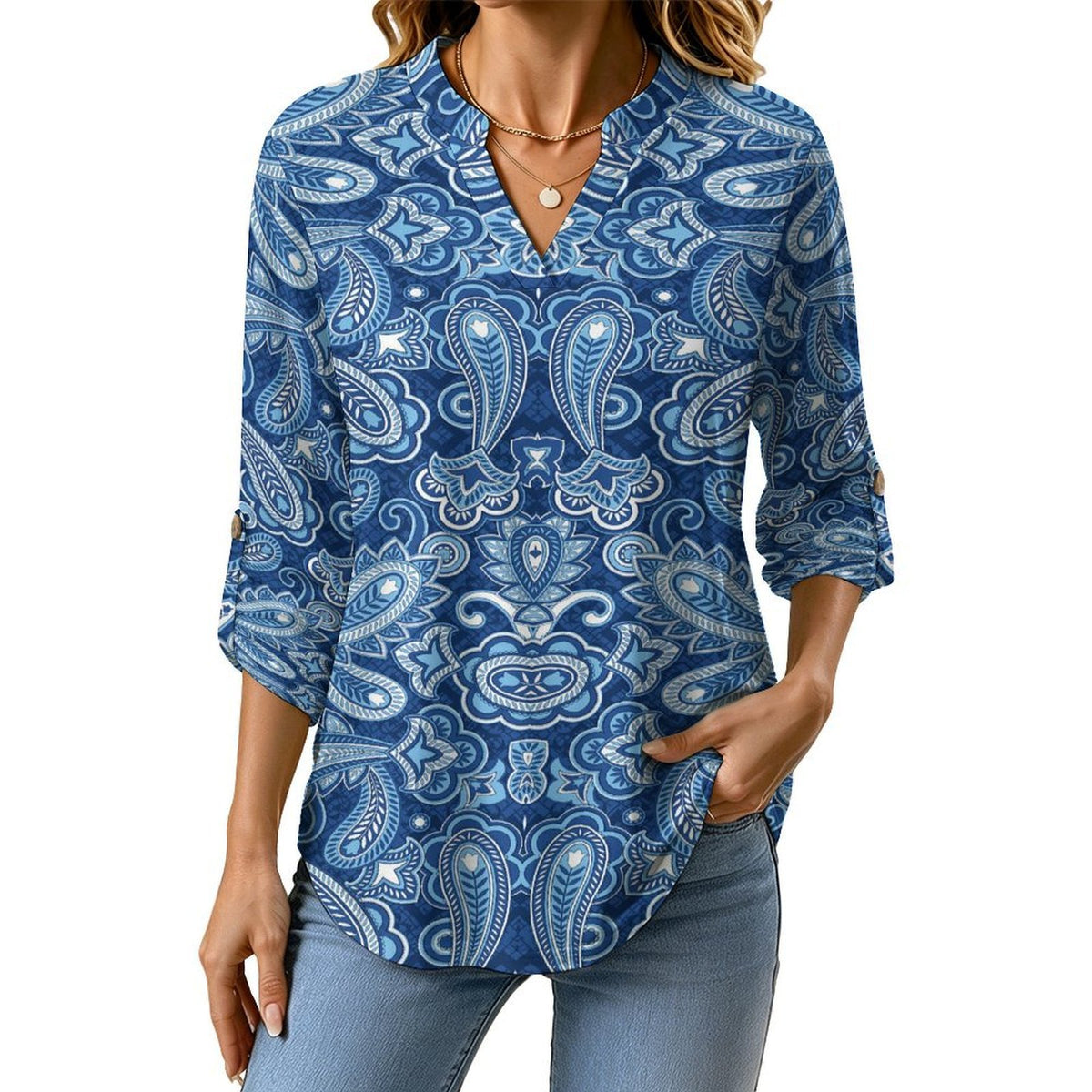 Paisley  Versatile Notched V-Neck Tunic | Roll Tab 3/4 Sleeve Office Casual Top