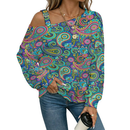 Fall Casual Asymmetric Shoulder Knit Top with Buckle Detail Paisley