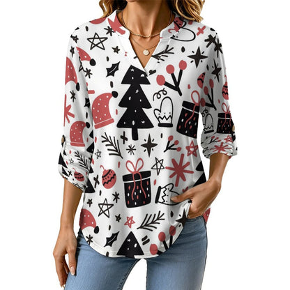 Christmas, Tree, Christmas Hat  Versatile Notched V-Neck Tunic | Roll Tab 3/4 Sleeve Office Casual Top