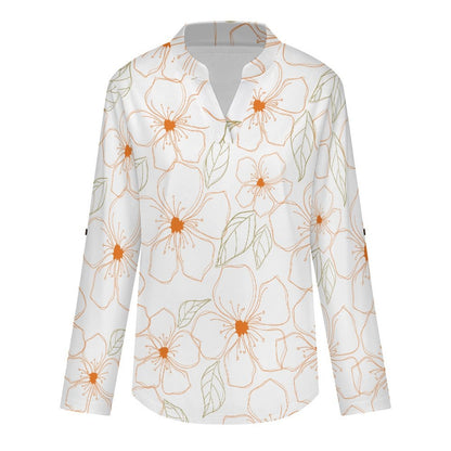 Black Repeat Pattern Flower  Versatile Notched V-Neck Tunic | Roll Tab 3/4 Sleeve Office Casual Top