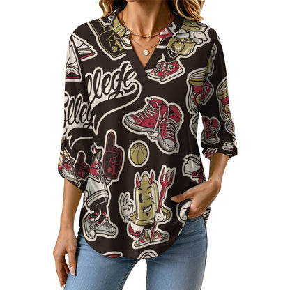 Retro Patterns, Stickers, Animation  Versatile Notched V-Neck Tunic | Roll Tab 3/4 Sleeve Office Casual Top