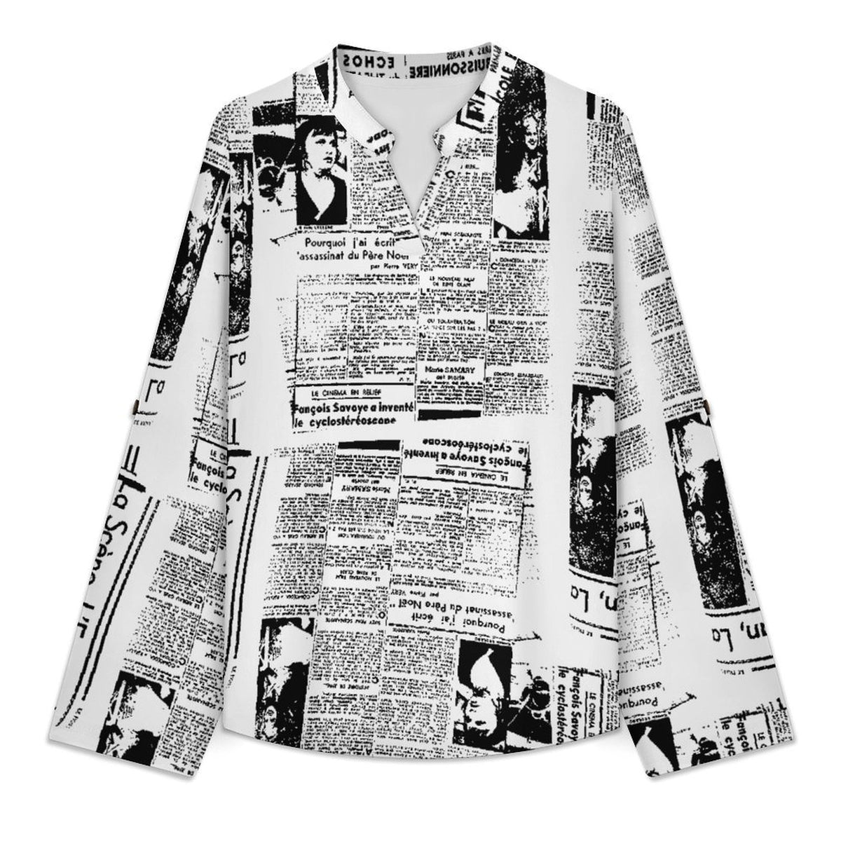 Stand-up Collar Long-sleeved Shirt Newspaper Vintage Dress white S Women’s V-Neck Blouses
