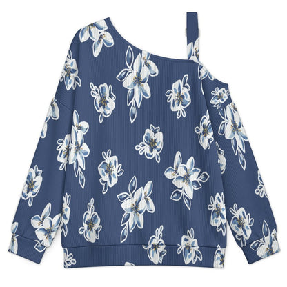 Fall Casual Asymmetric Shoulder Knit Top with Buckle Detail Blue Background, Flower Pattern