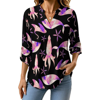 Versatile Notched V-Neck Tunic | Roll Tab 3/4 Sleeve Office Casual Top  Ocean Pattern