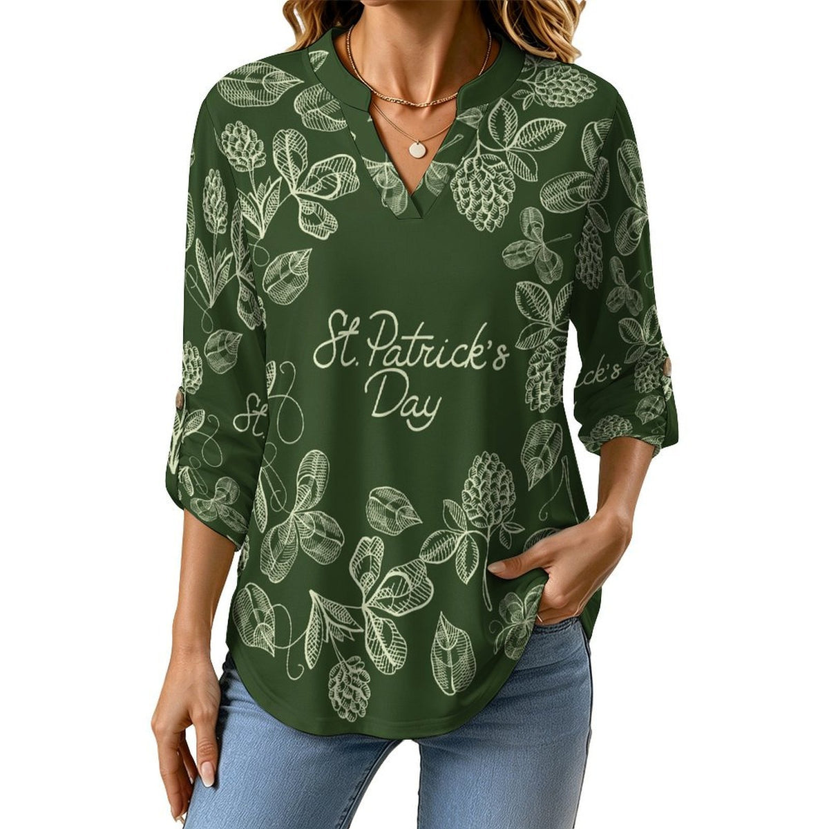Women Curved Hem V Neck Roll Sleeve Casual Work Top  St. Patrick's Day, Wreath