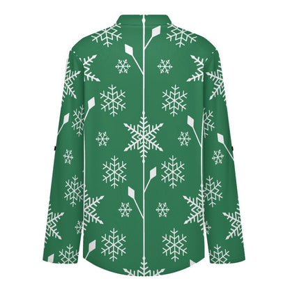 Women's Notched V Neck Tunic Tops, Roll Up 3/4 Sleeve Button Cuff Casual Blouse, Hem Loose Work Shirts  Snowflake Green Tile Repeat