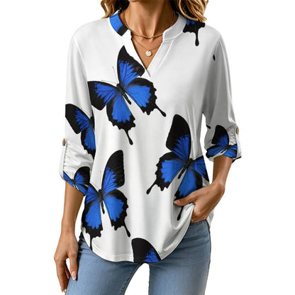 Stand-up Collar Long-sleeved Shirt The Butterfly Repeat white S Women’s V-Neck Blouses