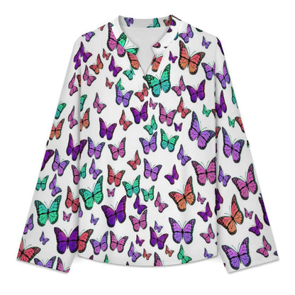 Versatile Notched V-Neck Tunic | Roll Tab 3/4 Sleeve Office Casual Top  Colorful Butterflies