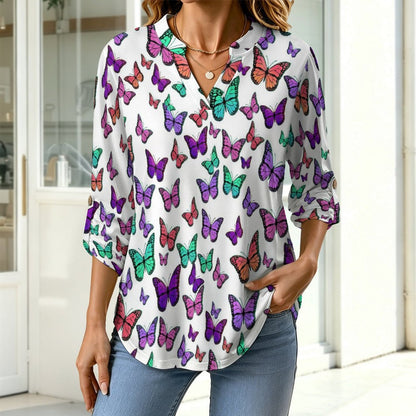 Versatile Notched V-Neck Tunic | Roll Tab 3/4 Sleeve Office Casual Top  Colorful Butterflies