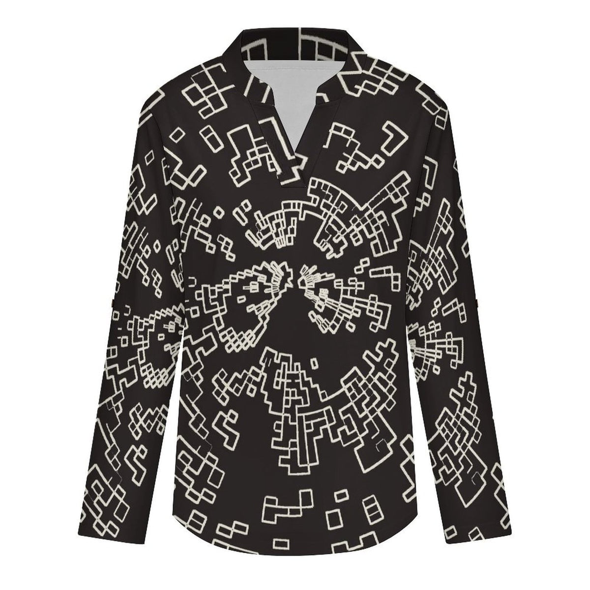 Pattern Dress Girl Phone Cover Roll Tab 3/4 Sleeve Notched V Neck Tunic Blouse