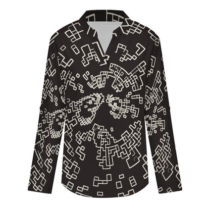 Pattern Dress Girl Phone Cover Roll Tab 3/4 Sleeve Notched V Neck Tunic Blouse