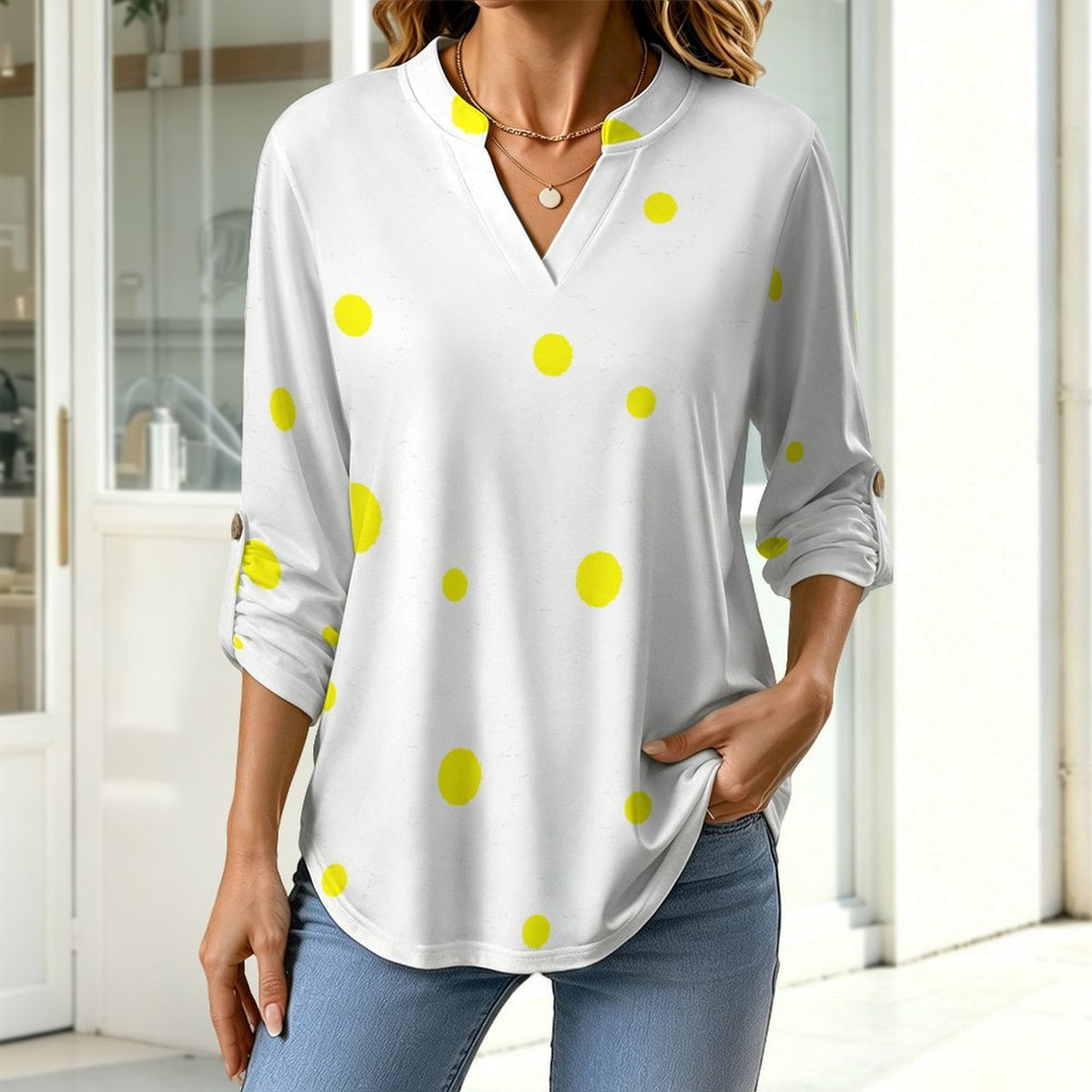 Flower-yellow-full Print-T-shirt-phone Case Roll Tab 3/4 Sleeve Notched V Neck Tunic Blouse