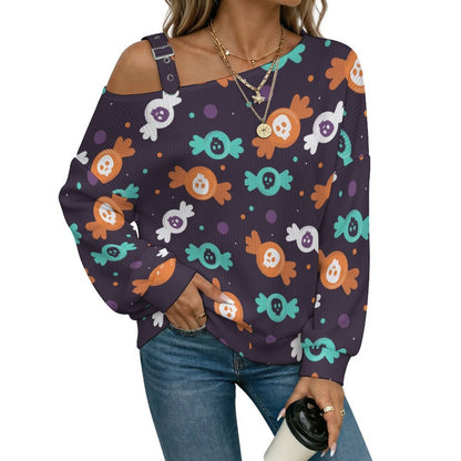 Fall Casual Asymmetric Shoulder Knit Top with Buckle Detail Skeletons, Candy, Patterns