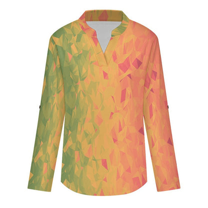 Women's Notched V Neck Tunic Tops, Roll Up 3/4 Sleeve Button Cuff Casual Blouse, Hem Loose Work Shirts  Colored Diamond Pattern