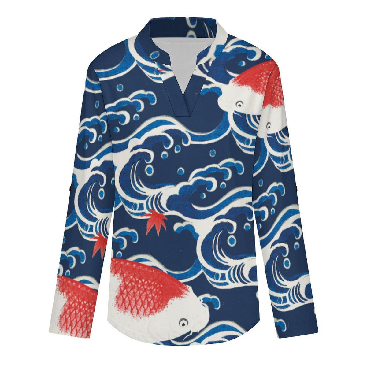 Chinese Wind, Waves, Fish  Versatile Notched V-Neck Tunic | Roll Tab 3/4 Sleeve Office Casual Top