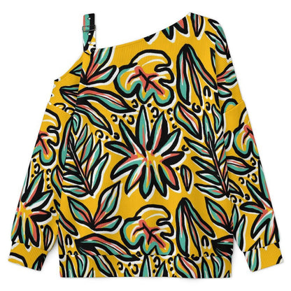 Floral, Repeating Pattern Fall Casual Asymmetric Shoulder Knit Top with Buckle Detail