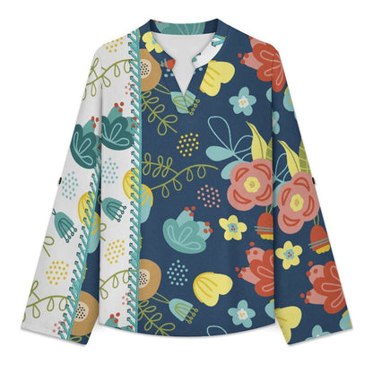 Two Color, Flower, Decoration  Versatile Notched V-Neck Tunic | Roll Tab 3/4 Sleeve Office Casual Top