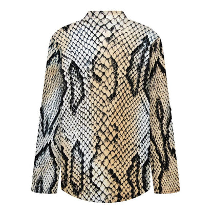 Versatile Notched V-Neck Tunic  Roll Tab 3/4 Sleeve Office Casual Top  Snakeskin Pattern, Repeating Pattern