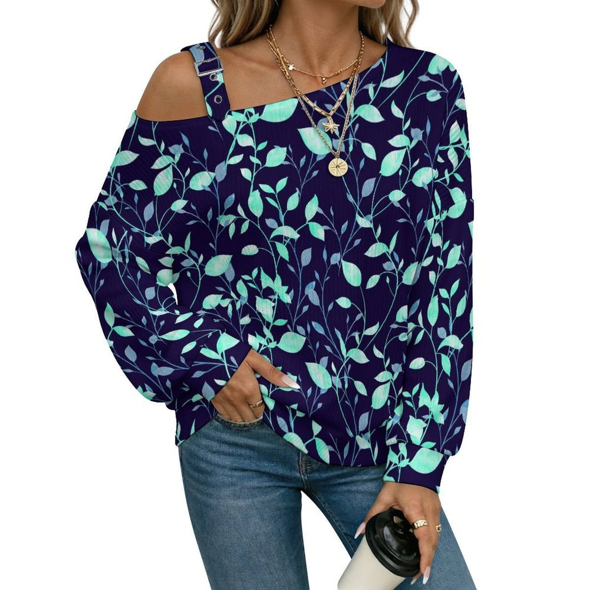 Fall Casual Asymmetric Shoulder Knit Top with Buckle Detail Flower