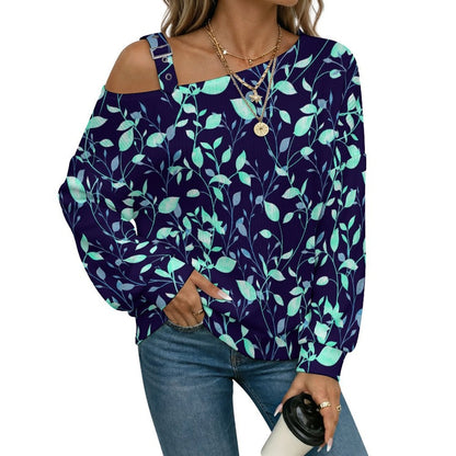 Fall Casual Asymmetric Shoulder Knit Top with Buckle Detail Flower