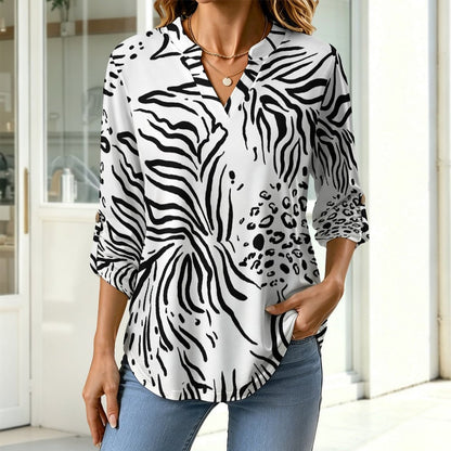 Women's Notched V Neck Tunic Tops, Roll Up 3/4 Sleeve Button Cuff Casual Blouse, Hem Loose Work Shirts  Tiger Pattern, Repeating Pattern