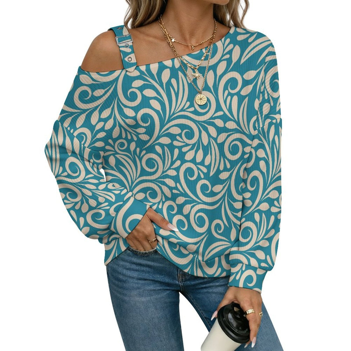Blue Totem, Background Fall Casual Asymmetric Shoulder Knit Top with Buckle Detail