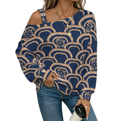 Women’s Off-Shoulder Knit Sweater Chinese Style, Retro Pattern