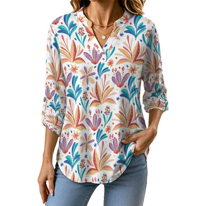 Repeat Patterned Flower Plants  Versatile Notched V-Neck Tunic | Roll Tab 3/4 Sleeve Office Casual Top