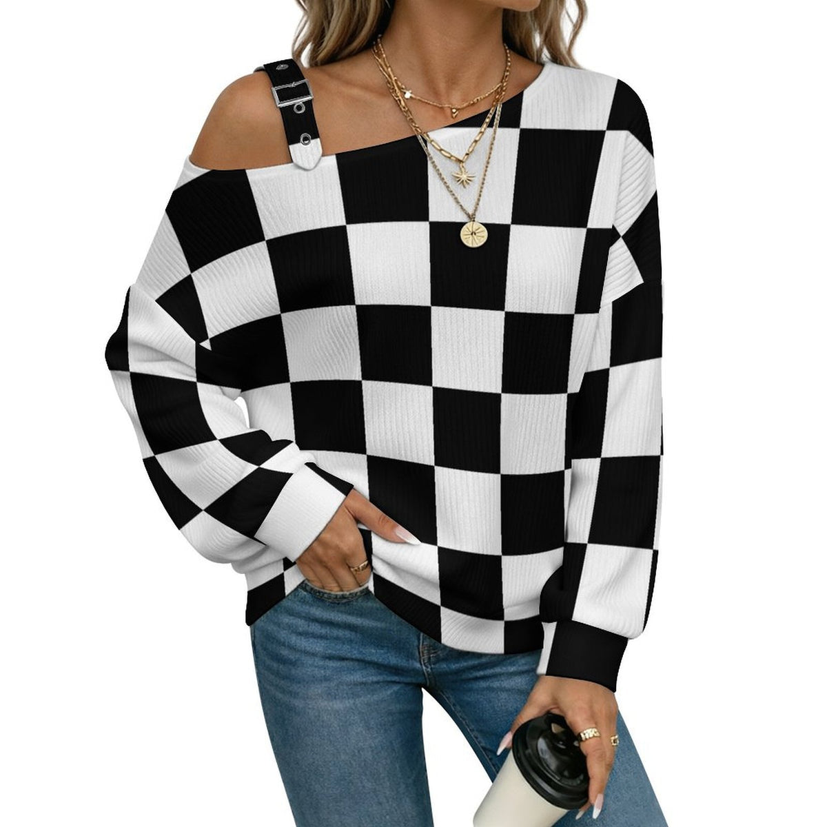 Fall Casual Asymmetric Shoulder Knit Top with Buckle Detail Black And White Checkerboard