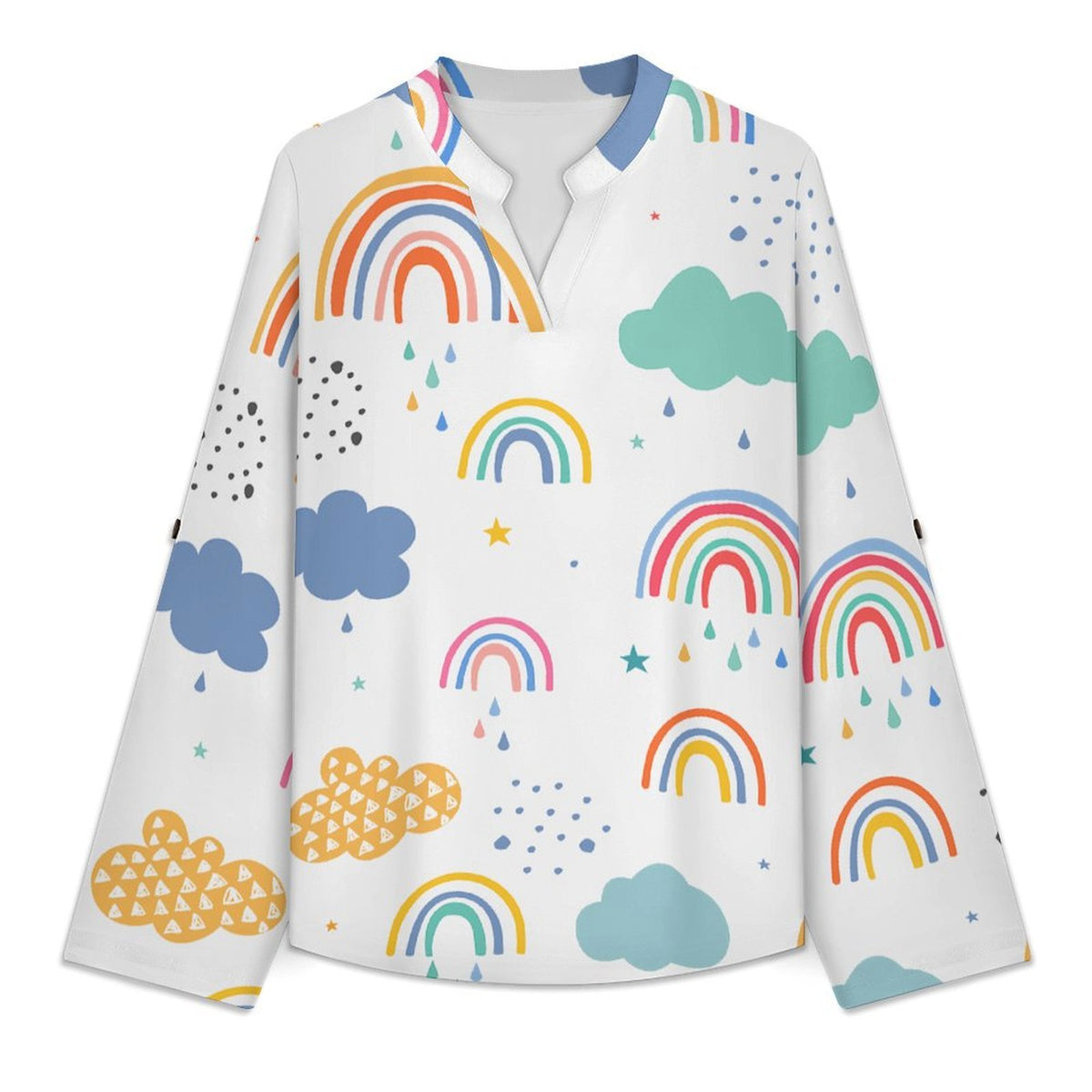Cartoon, Rainbow, Children  Versatile Notched V-Neck Tunic | Roll Tab 3/4 Sleeve Office Casual Top