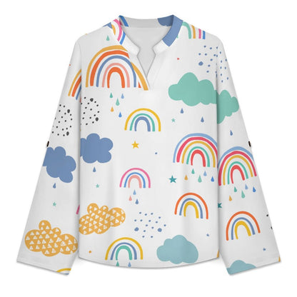 Cartoon, Rainbow, Children  Versatile Notched V-Neck Tunic | Roll Tab 3/4 Sleeve Office Casual Top