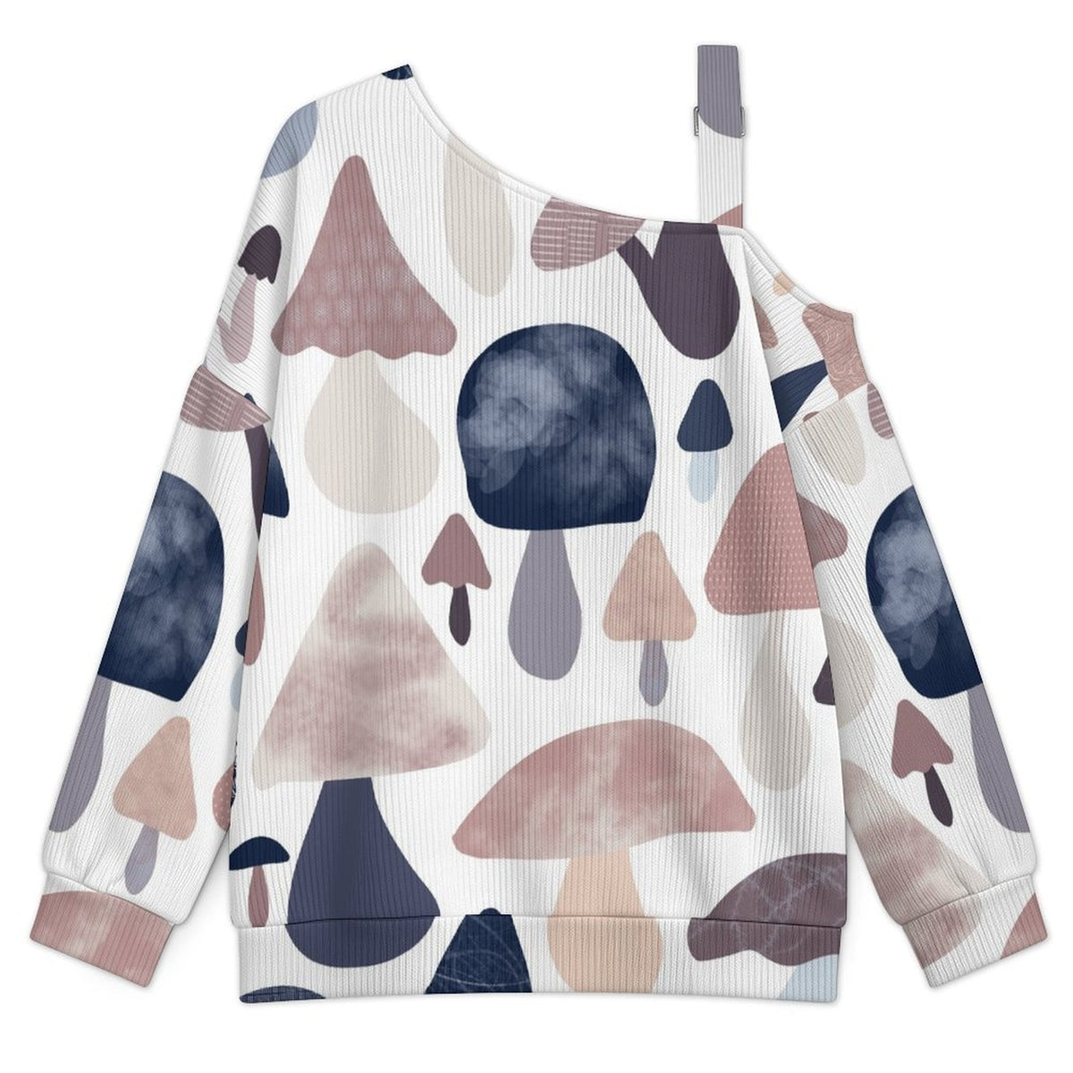Buckle Strap Asymmetrical Off Shoulder Knit Sweater Mushrooms Background