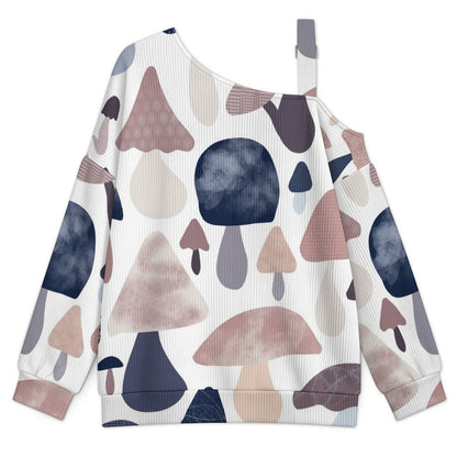 Buckle Strap Asymmetrical Off Shoulder Knit Sweater Mushrooms Background