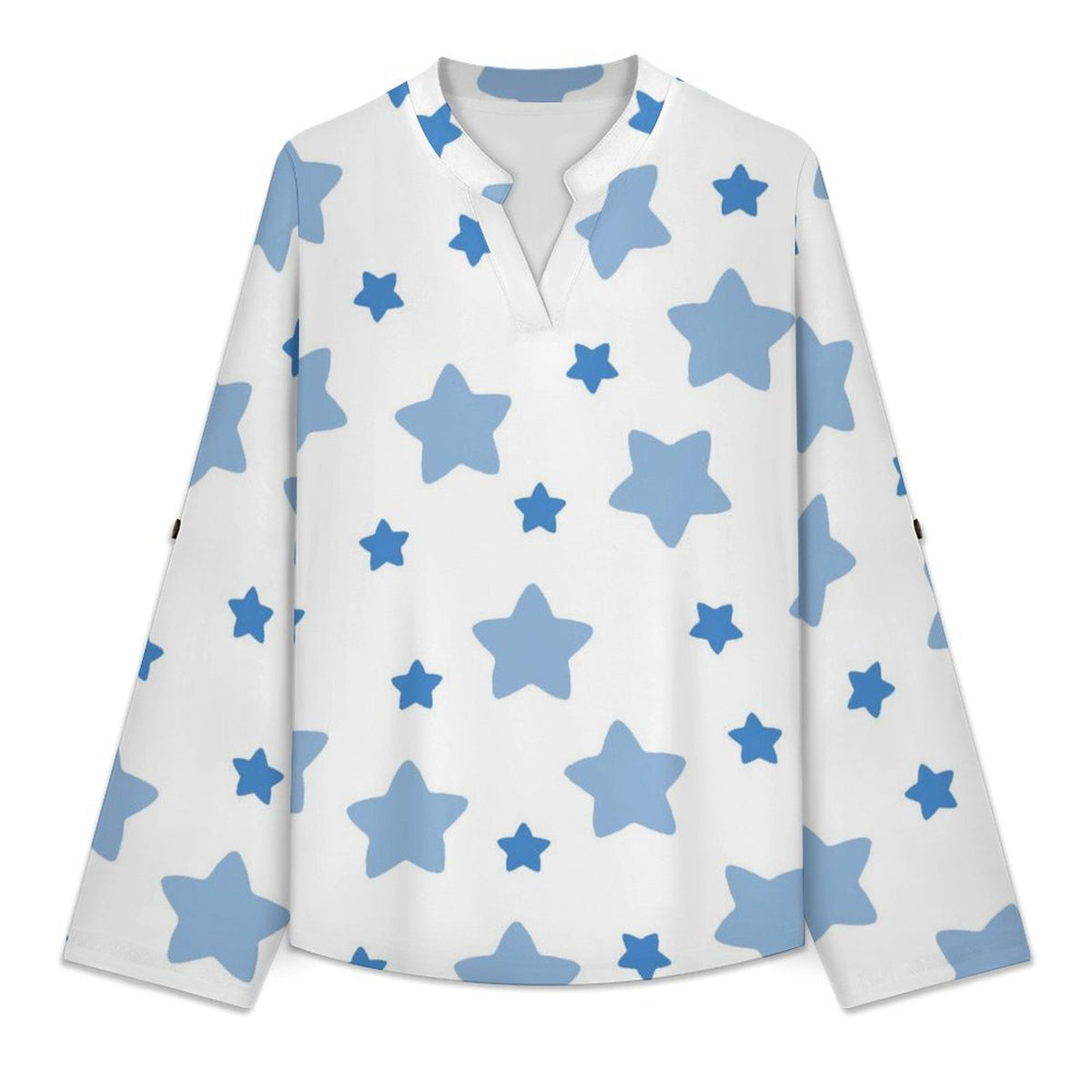 White, Blue Pentagram Roll Tab 3/4 Sleeve Notched V Neck Tunic Blouse