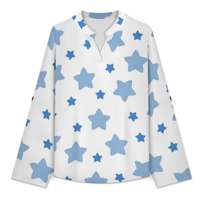 White, Blue Pentagram Roll Tab 3/4 Sleeve Notched V Neck Tunic Blouse