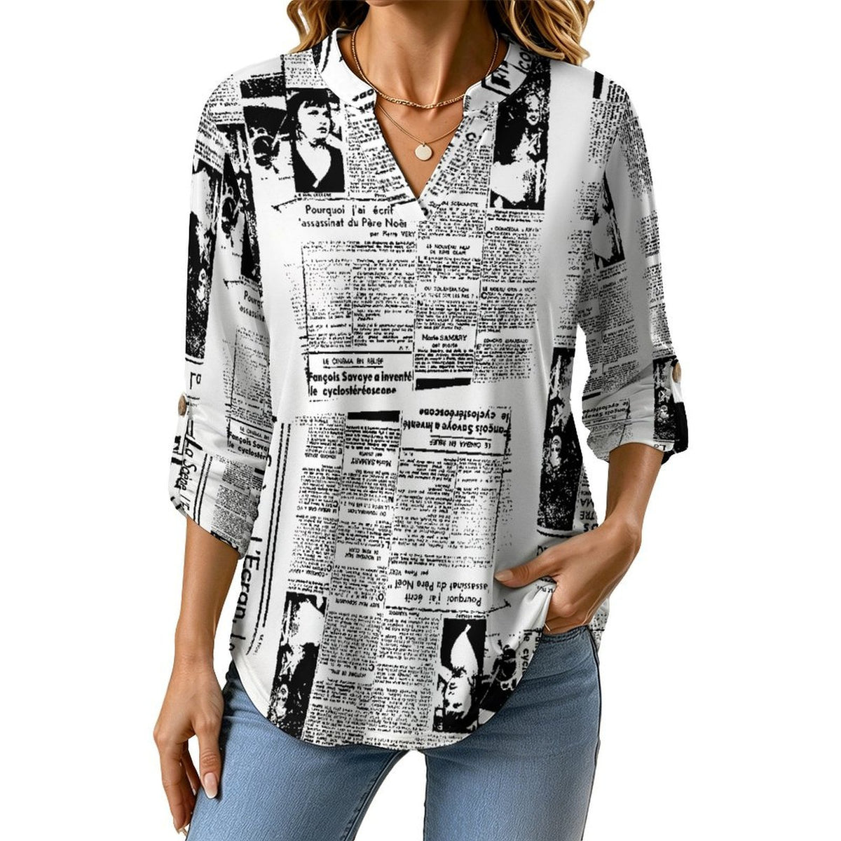 Stand-up Collar Long-sleeved Shirt Newspaper Vintage Dress white S Women’s V-Neck Blouses