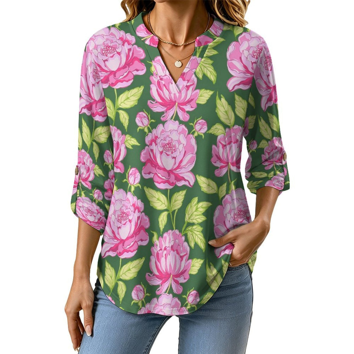 Roll Tab 3/4 Sleeve Notched V Neck Tunic Blouse  Pink, Peony, Pink Green