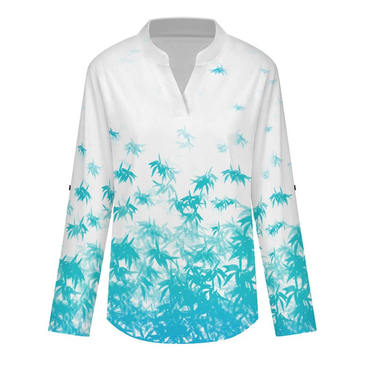 Leaf Pattern  Versatile Notched V-Neck Tunic | Roll Tab 3/4 Sleeve Office Casual Top