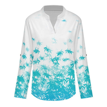 Leaf Pattern  Versatile Notched V-Neck Tunic | Roll Tab 3/4 Sleeve Office Casual Top