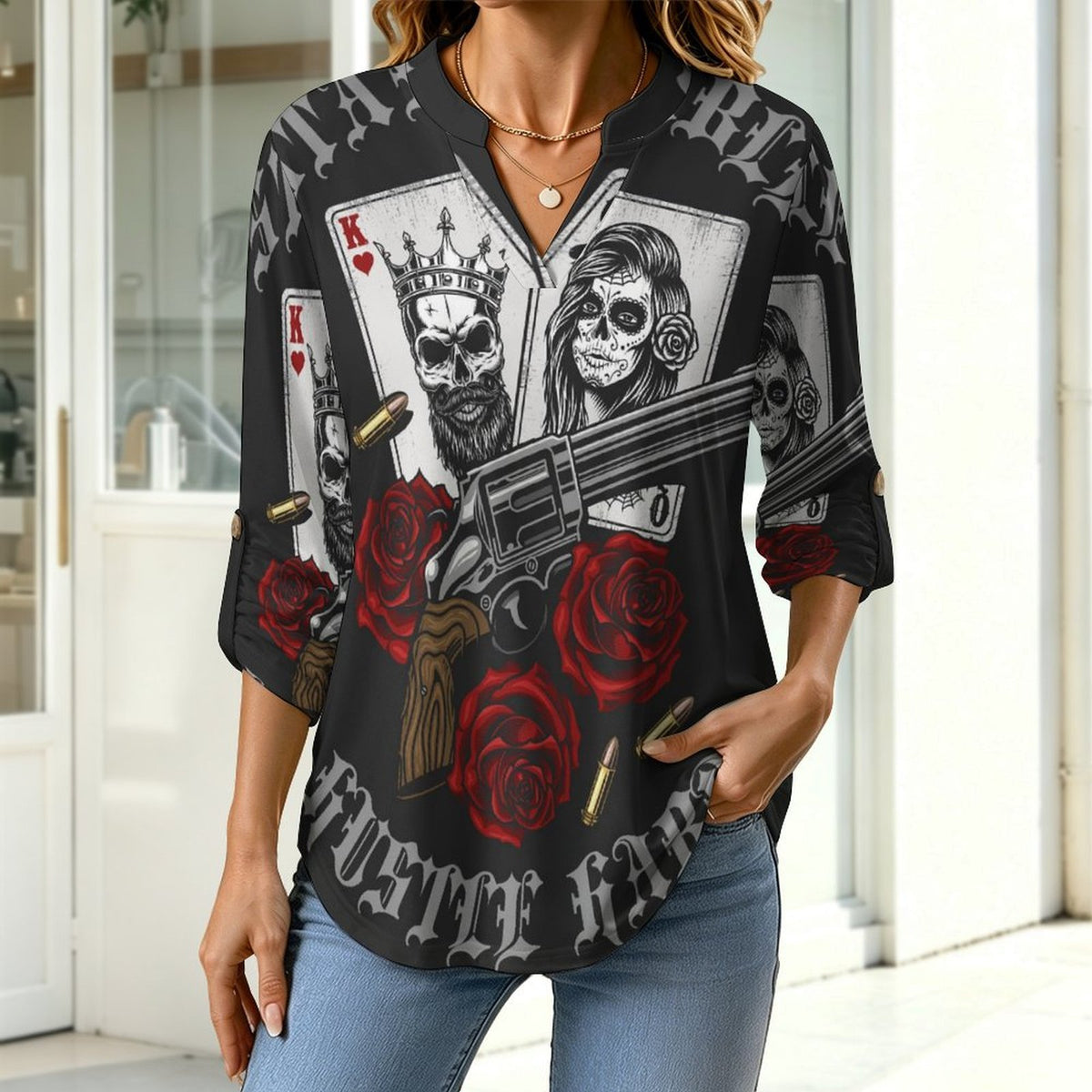 Versatile Notched V-Neck Tunic | Roll Tab 3/4 Sleeve Office Casual Top  Halloween, Poker, Skeletons